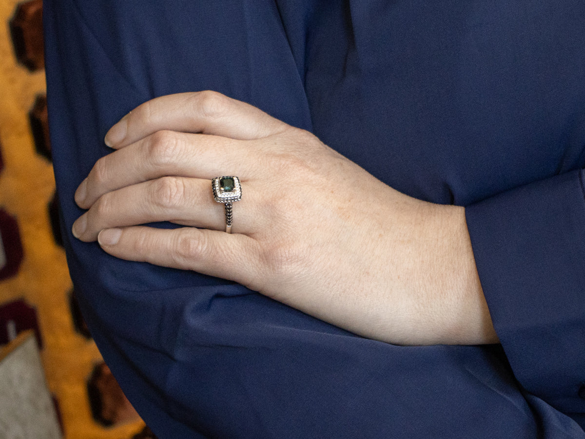 Teal Tourmaline with Black and White Diamond Halo Ring