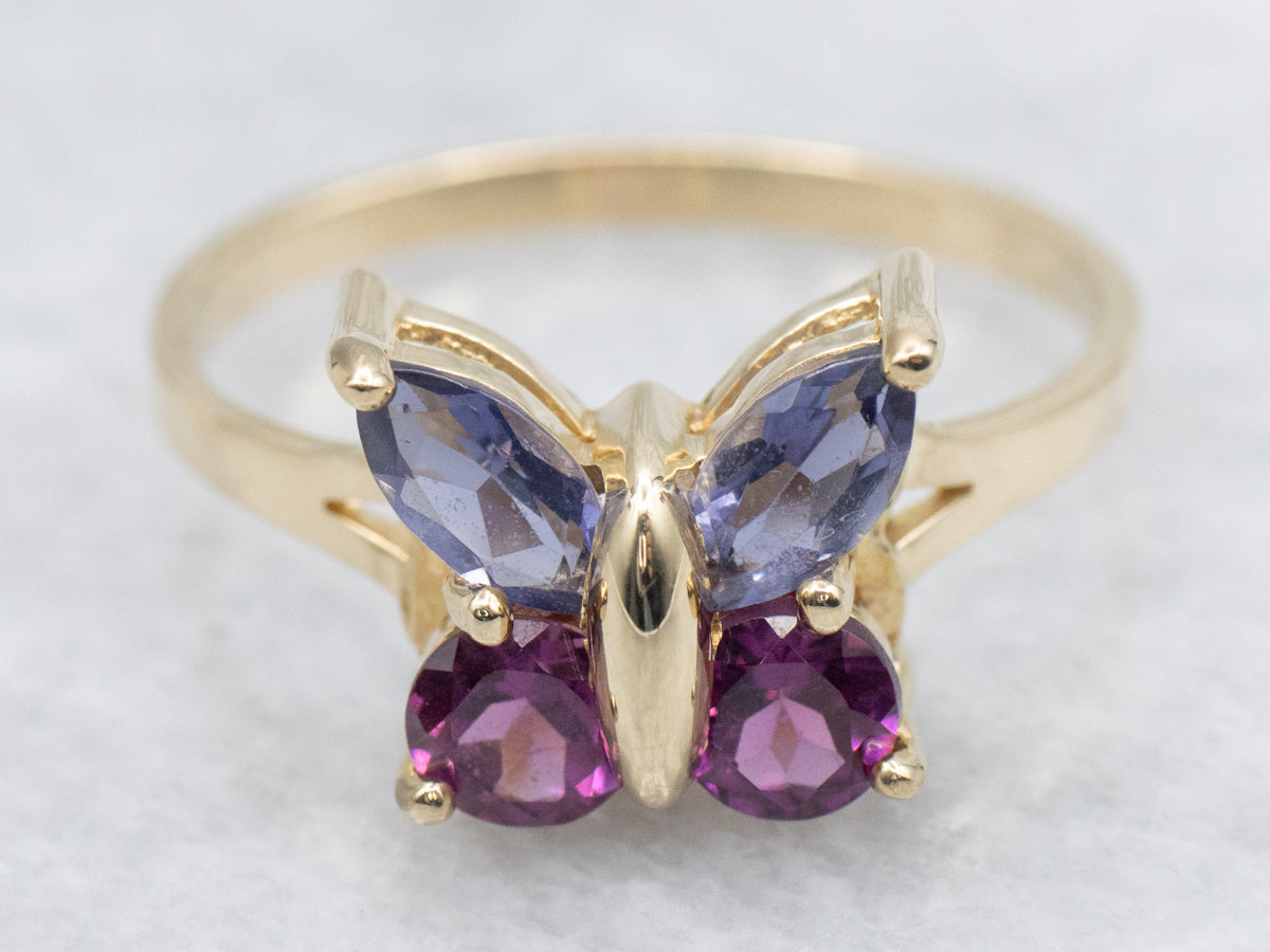 Iolite Rhodolite Garnet and Gold Butterfly Ring