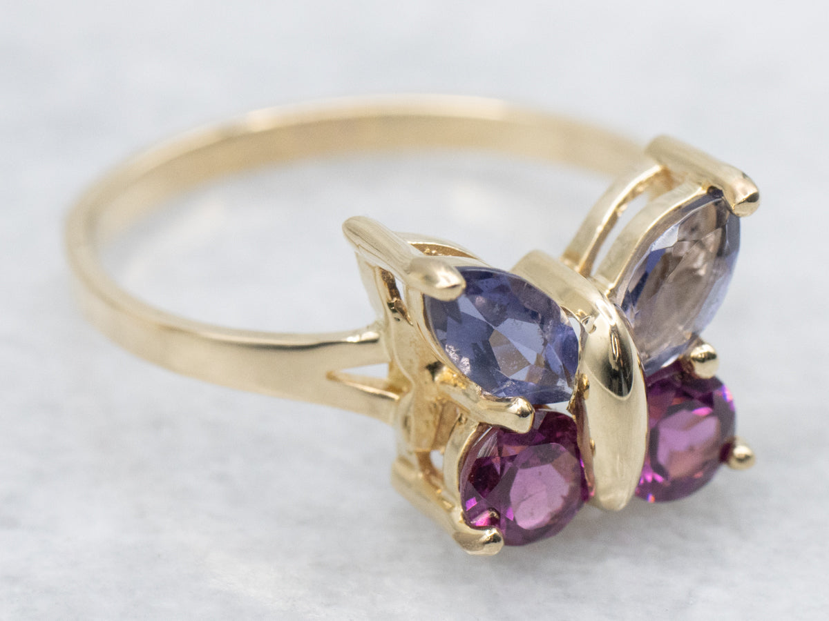 Iolite Rhodolite Garnet and Gold Butterfly Ring