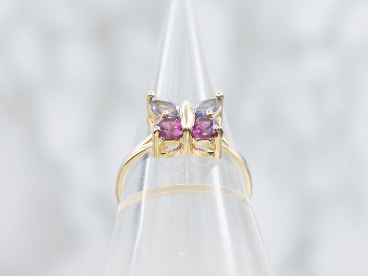 Iolite Rhodolite Garnet and Gold Butterfly Ring