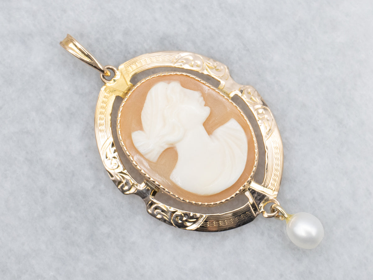 Vintage Gold Cameo Pendant with Freshwater Pearl
