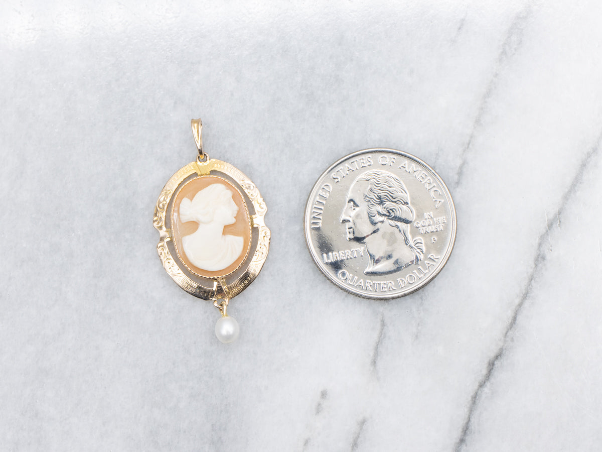 Vintage Gold Cameo Pendant with Freshwater Pearl