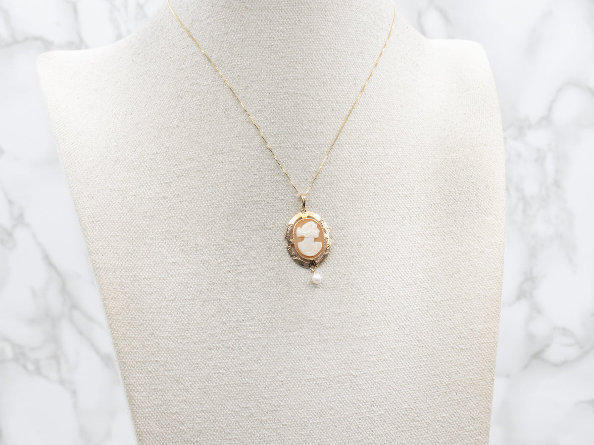 Vintage Gold Cameo Pendant with Freshwater Pearl