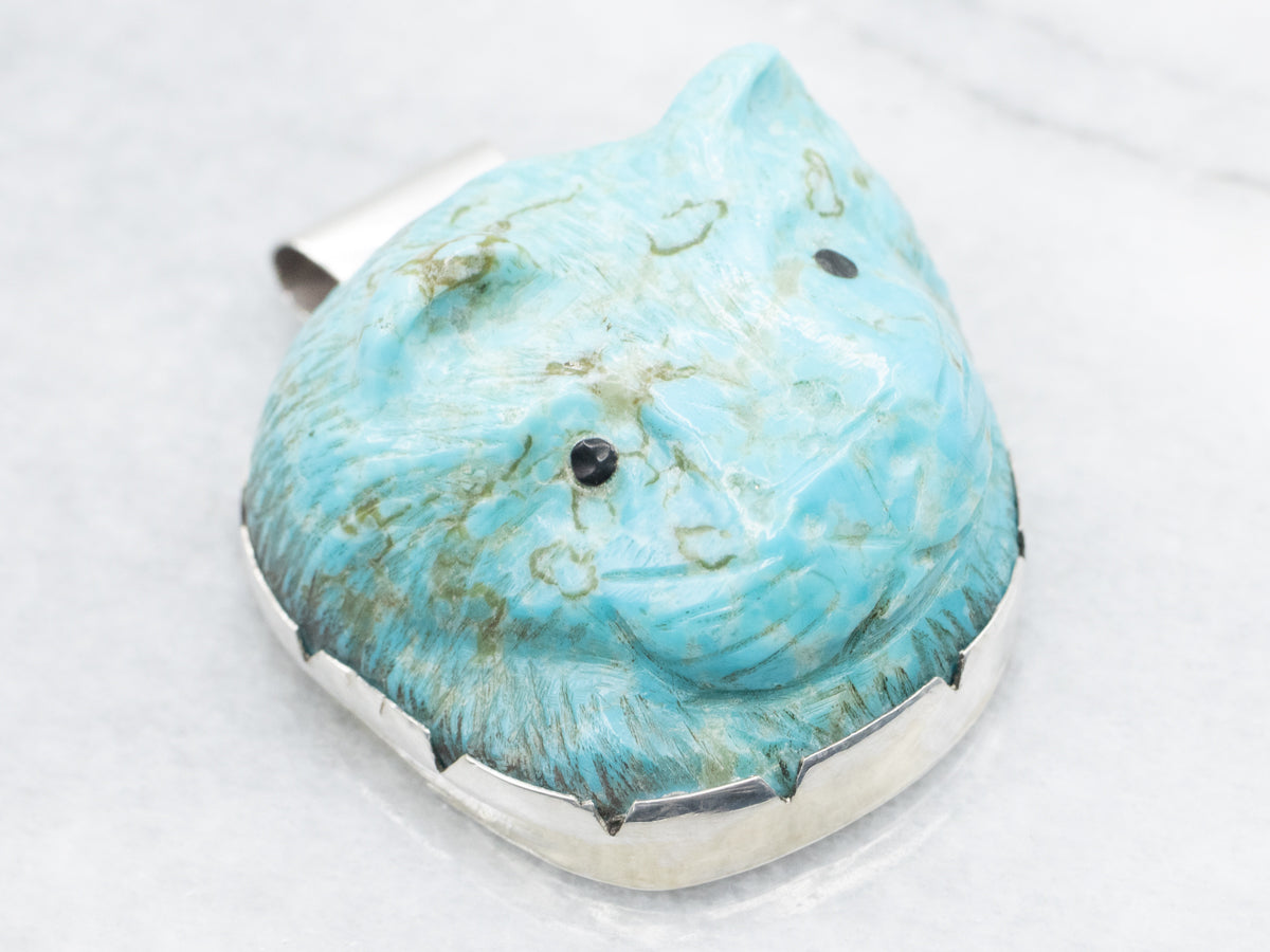 Sterling Silver MAXXL Zuni Carved Turquoise Cat Statement Pendant