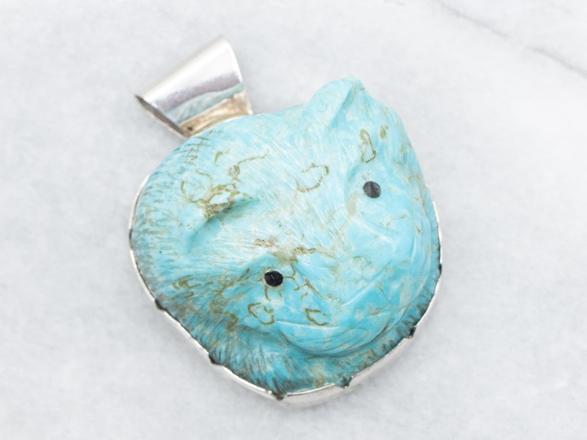 Sterling Silver MAXXL Zuni Carved Turquoise Cat Statement Pendant