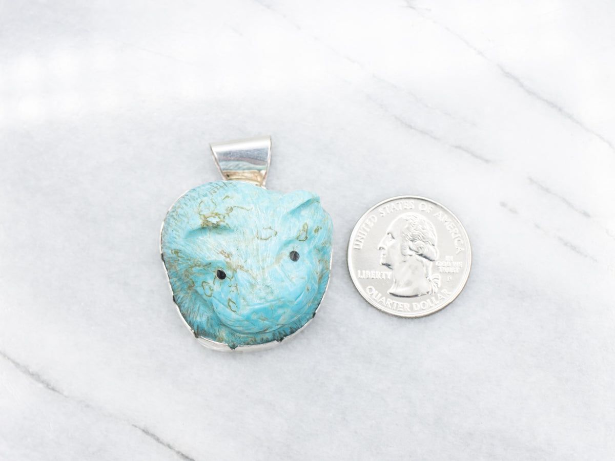Sterling Silver MAXXL Zuni Carved Turquoise Cat Statement Pendant
