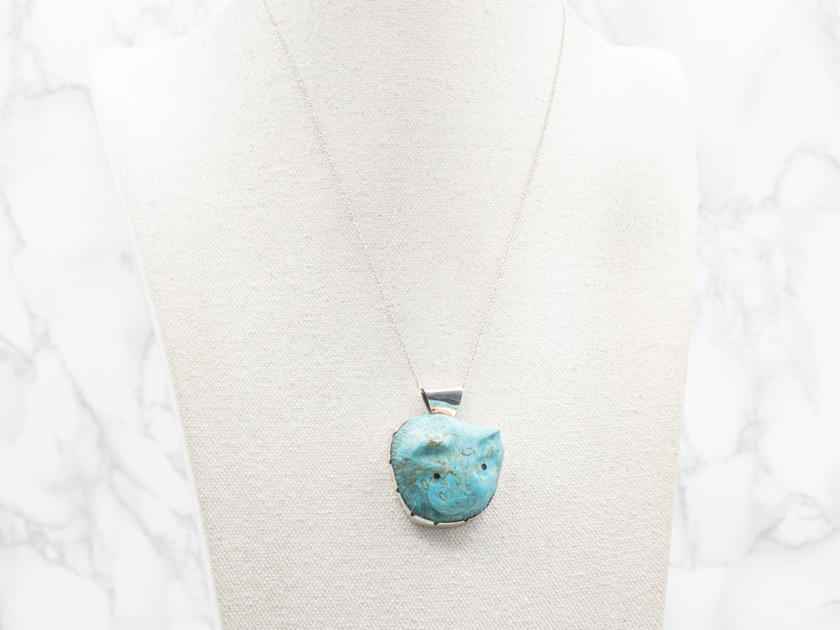 Sterling Silver MAXXL Zuni Carved Turquoise Cat Statement Pendant