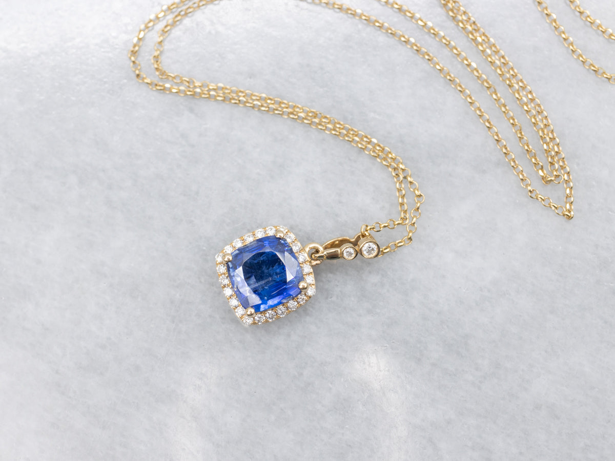 Modern Kyanite and Diamond Halo Pendant Necklace
