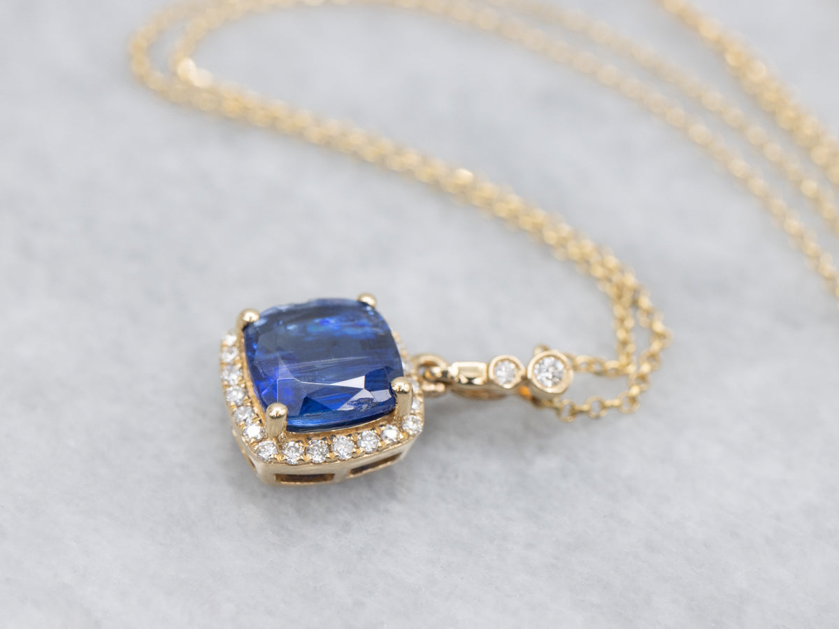 Modern Kyanite and Diamond Halo Pendant Necklace