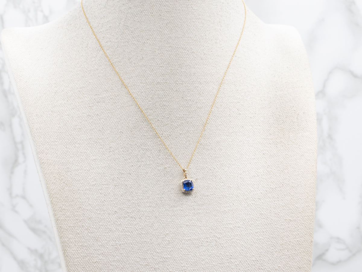 Modern Kyanite and Diamond Halo Pendant Necklace