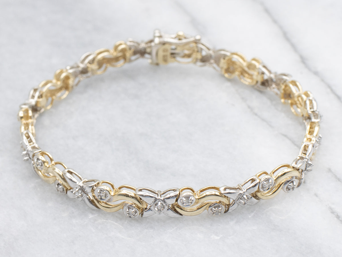Two-Tone Gold Diamond X and Swirl Link Bracelet