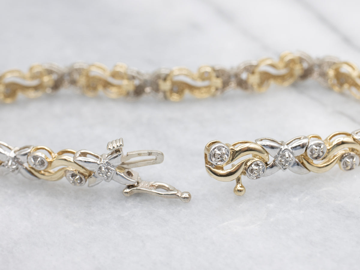 Two-Tone Gold Diamond X and Swirl Link Bracelet