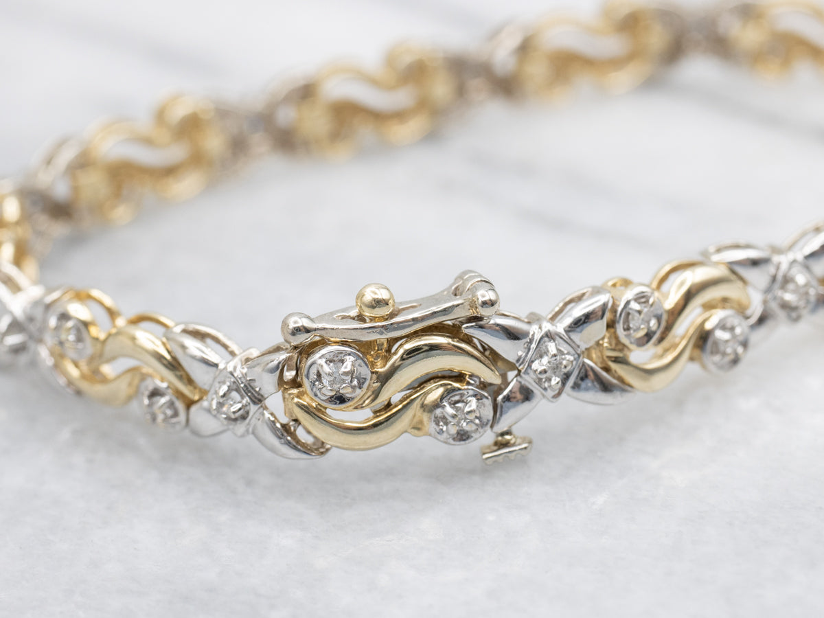 Two-Tone Gold Diamond X and Swirl Link Bracelet