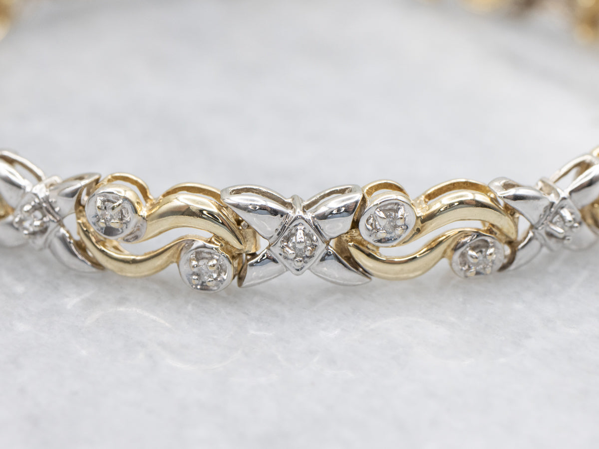 Two-Tone Gold Diamond X and Swirl Link Bracelet