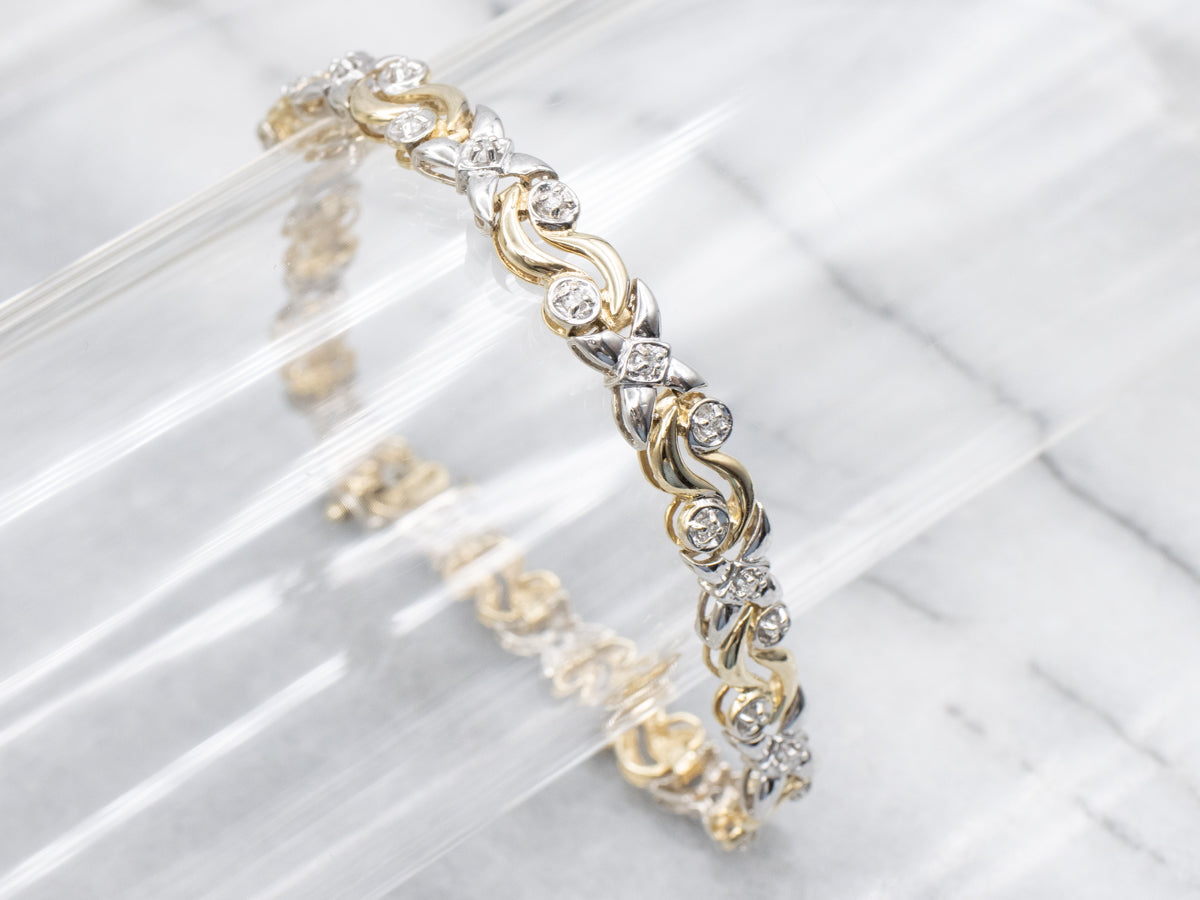 Two-Tone Gold Diamond X and Swirl Link Bracelet