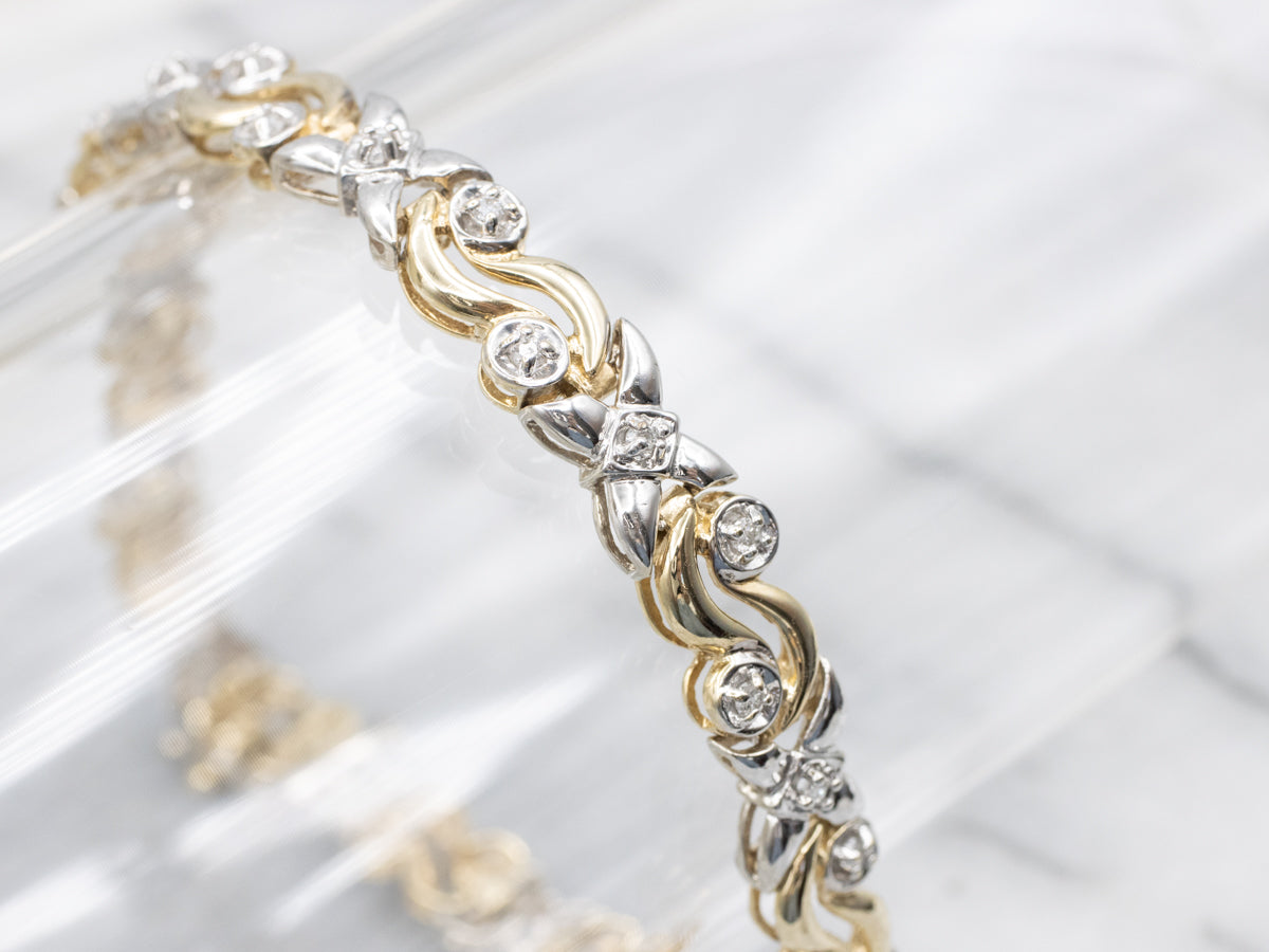 Two-Tone Gold Diamond X and Swirl Link Bracelet
