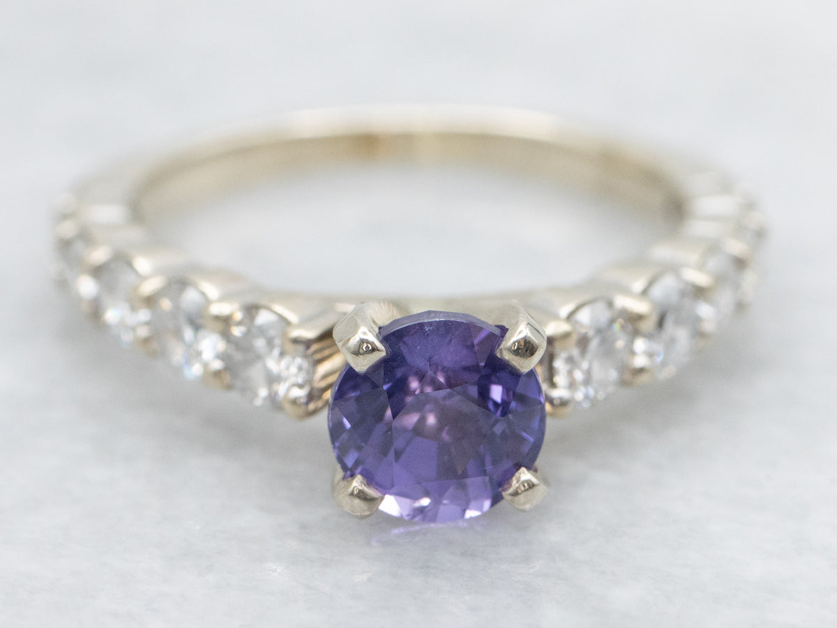 Pretty Purple Sapphire and Diamond Modern Engagement Ring