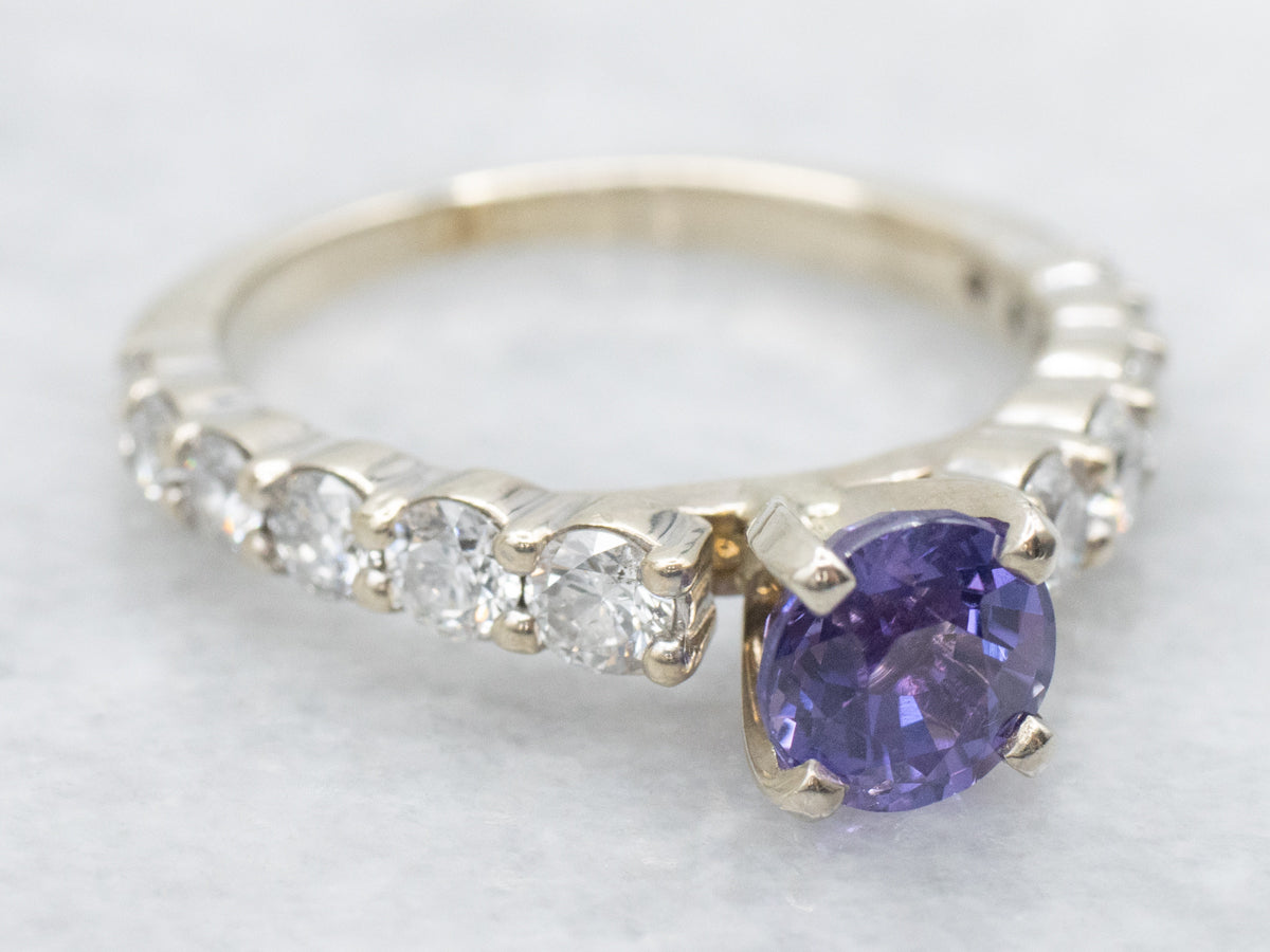 Pretty Purple Sapphire and Diamond Modern Engagement Ring