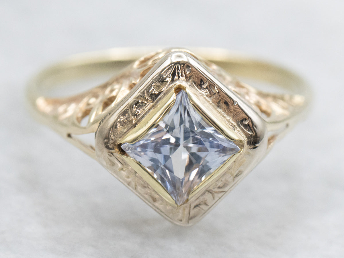 Light Blue Sapphire Etched Gold Filigree Ring