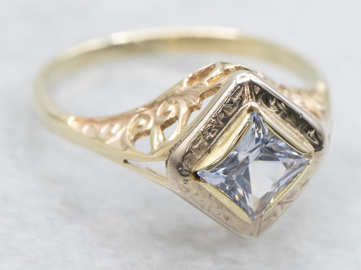 Light Blue Sapphire Etched Gold Filigree Ring