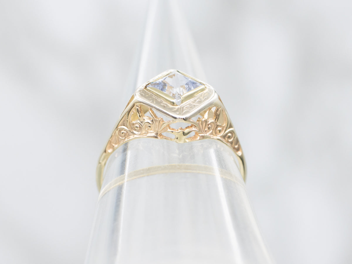 Light Blue Sapphire Etched Gold Filigree Ring