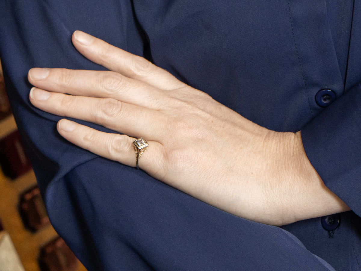 Light Blue Sapphire Etched Gold Filigree Ring
