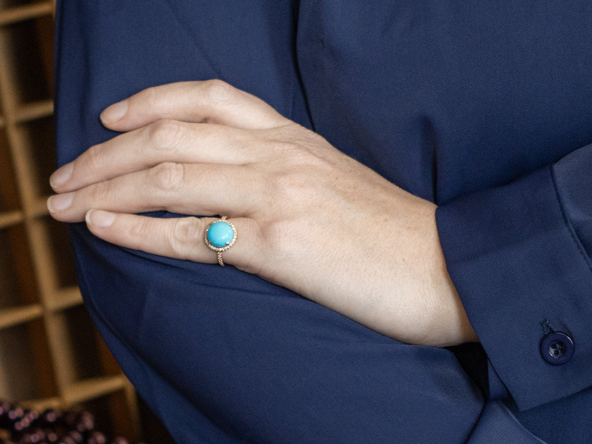 Turquoise and Diamond Halo Rose Gold Ring