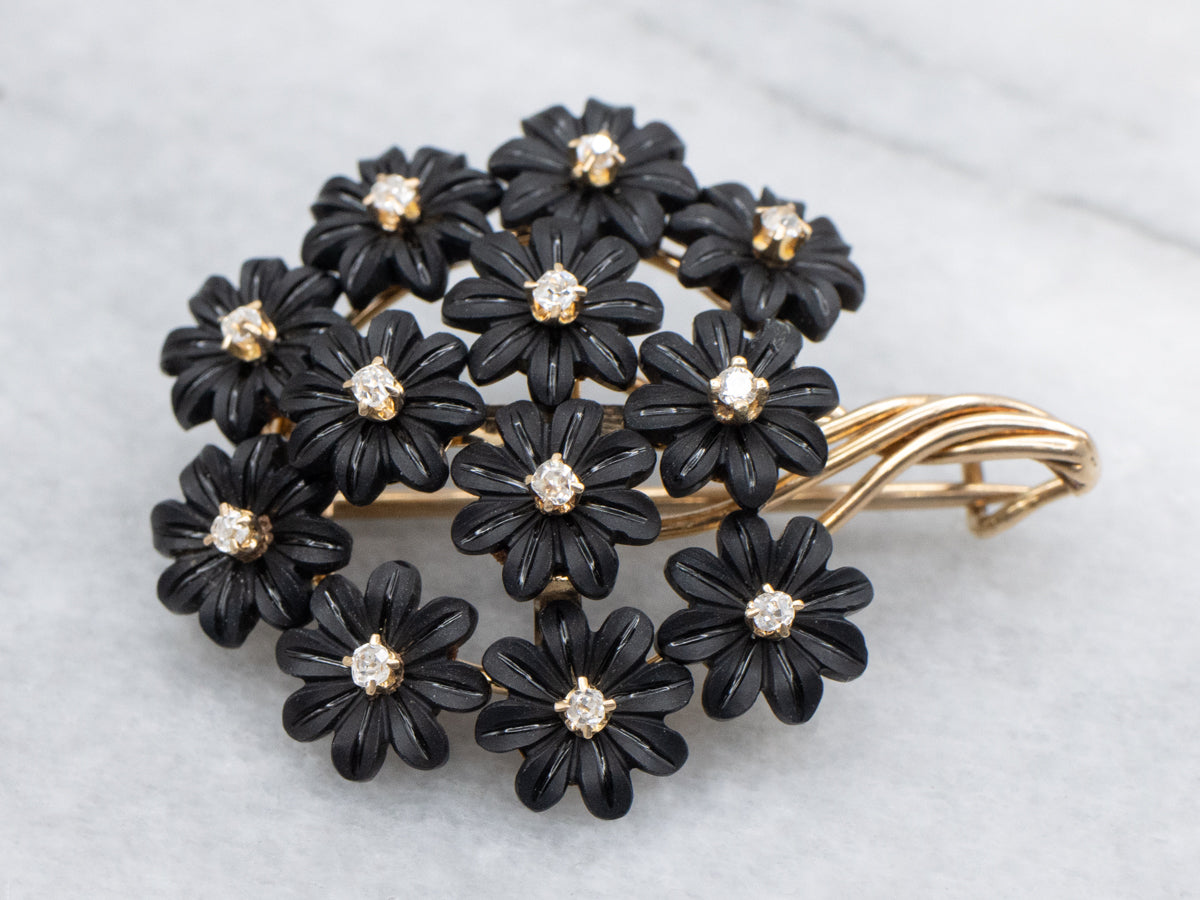 Antique Floral Jet and White Sapphire Bouquet Pin