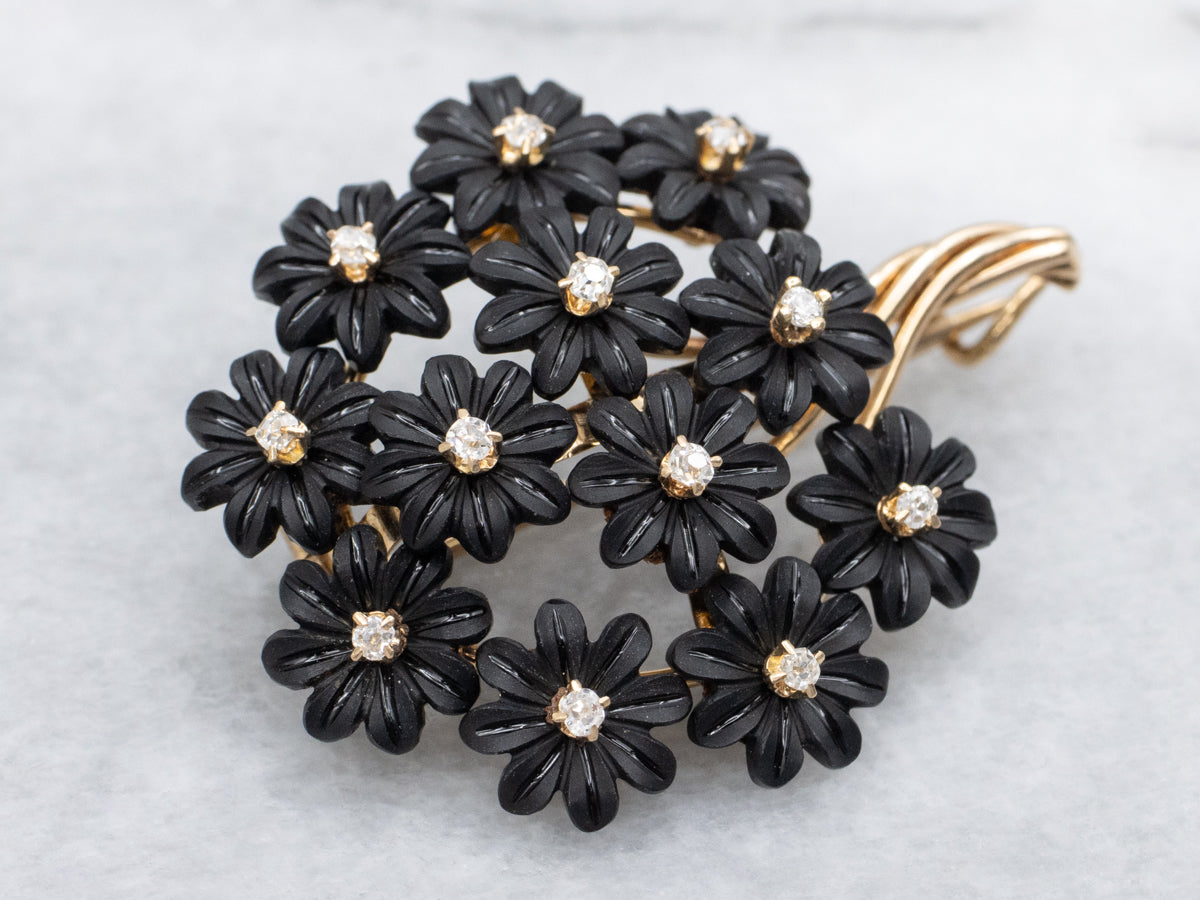 Antique Floral Jet and White Sapphire Bouquet Pin