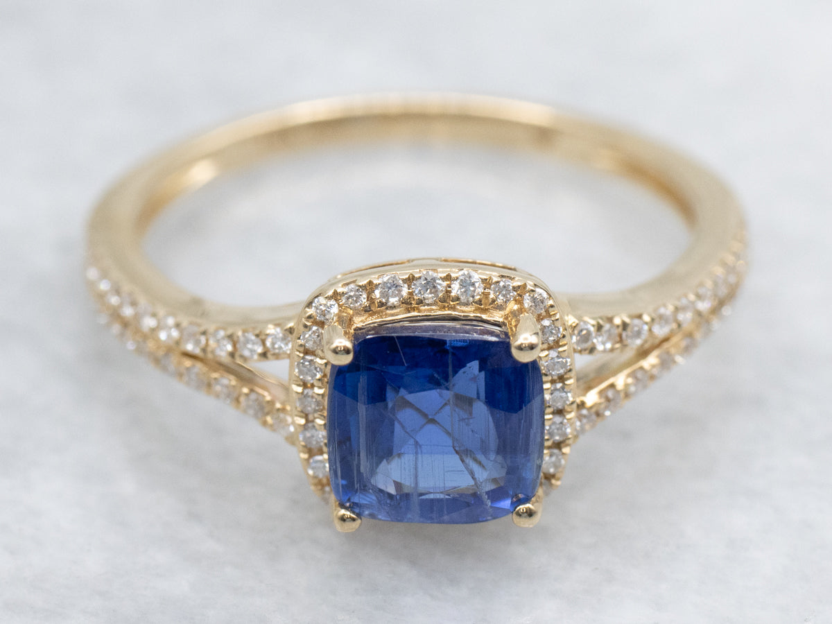 Modern Kyanite Diamond and Gold Halo Ring
