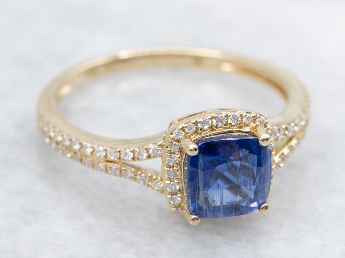 Modern Kyanite Diamond and Gold Halo Ring