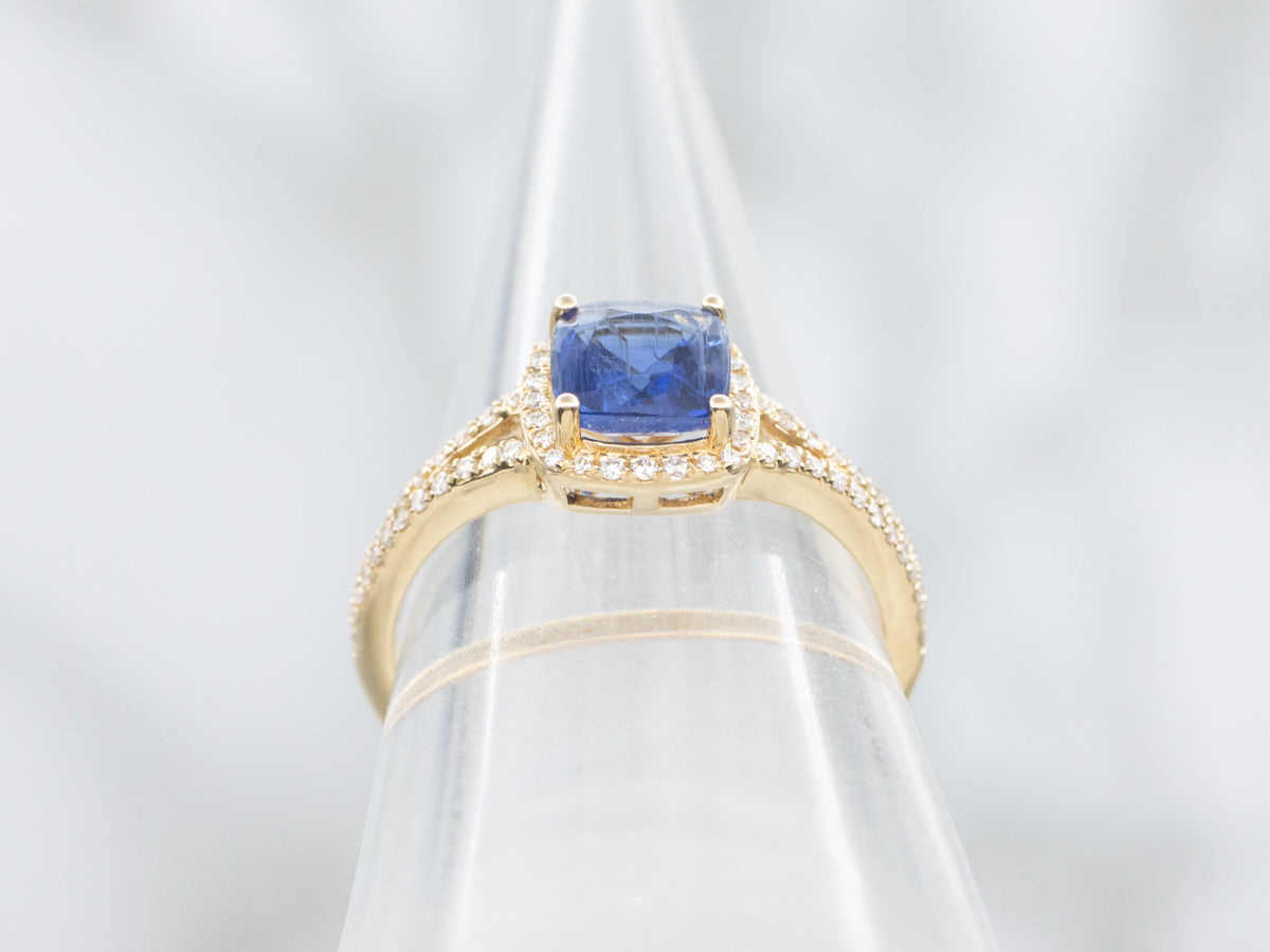 Modern Kyanite Diamond and Gold Halo Ring