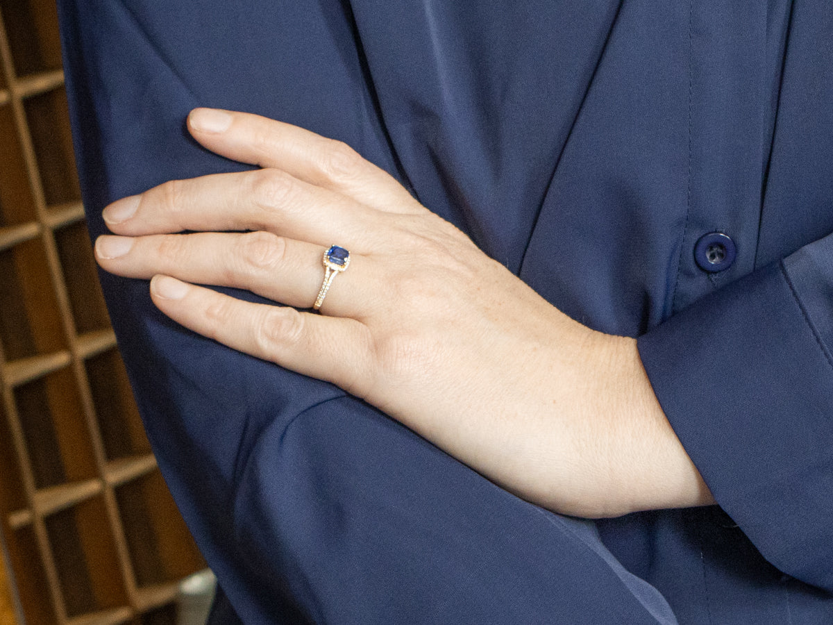Modern Kyanite Diamond and Gold Halo Ring