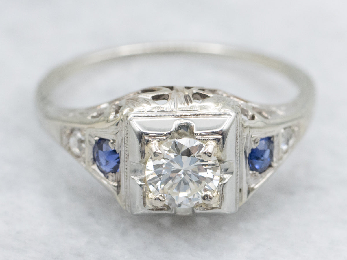Art Deco Diamond and Sapphire Engagement Ring