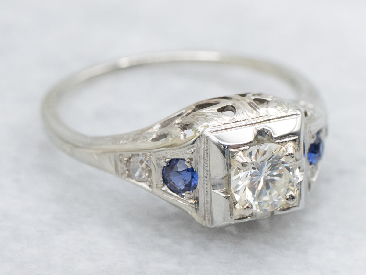 Art Deco Diamond and Sapphire Engagement Ring