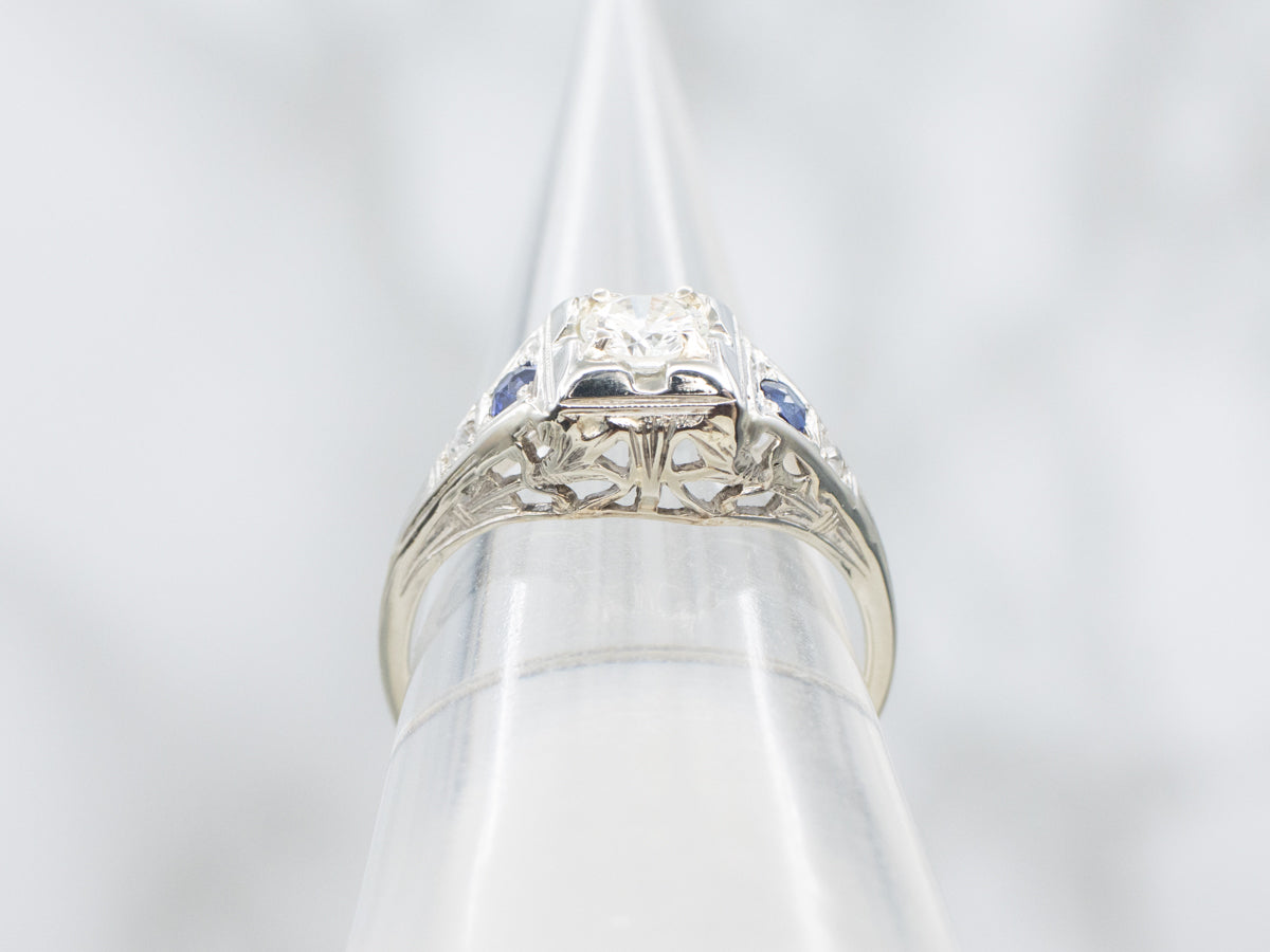 Art Deco Diamond and Sapphire Engagement Ring