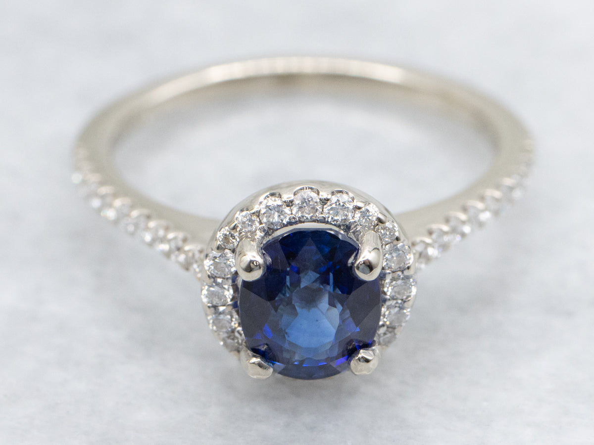Modern Sapphire and Diamond Halo Ring