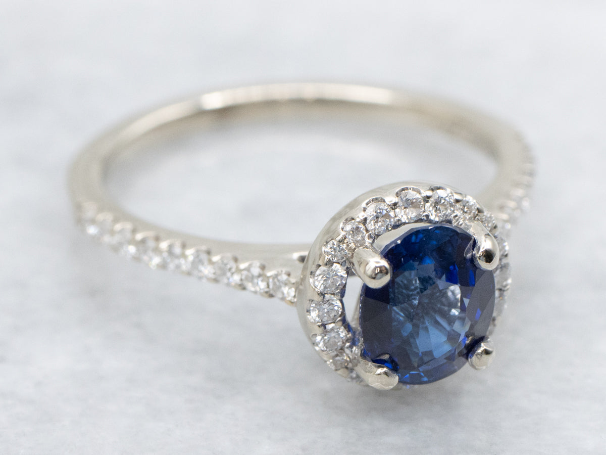 Modern Sapphire and Diamond Halo Ring