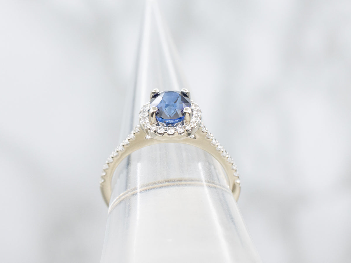 Modern Sapphire and Diamond Halo Ring