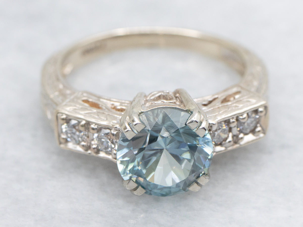 Vintage Sweetheart Blue Zircon and Diamond Ring