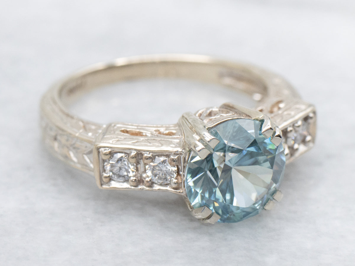 Vintage Sweetheart Blue Zircon and Diamond Ring