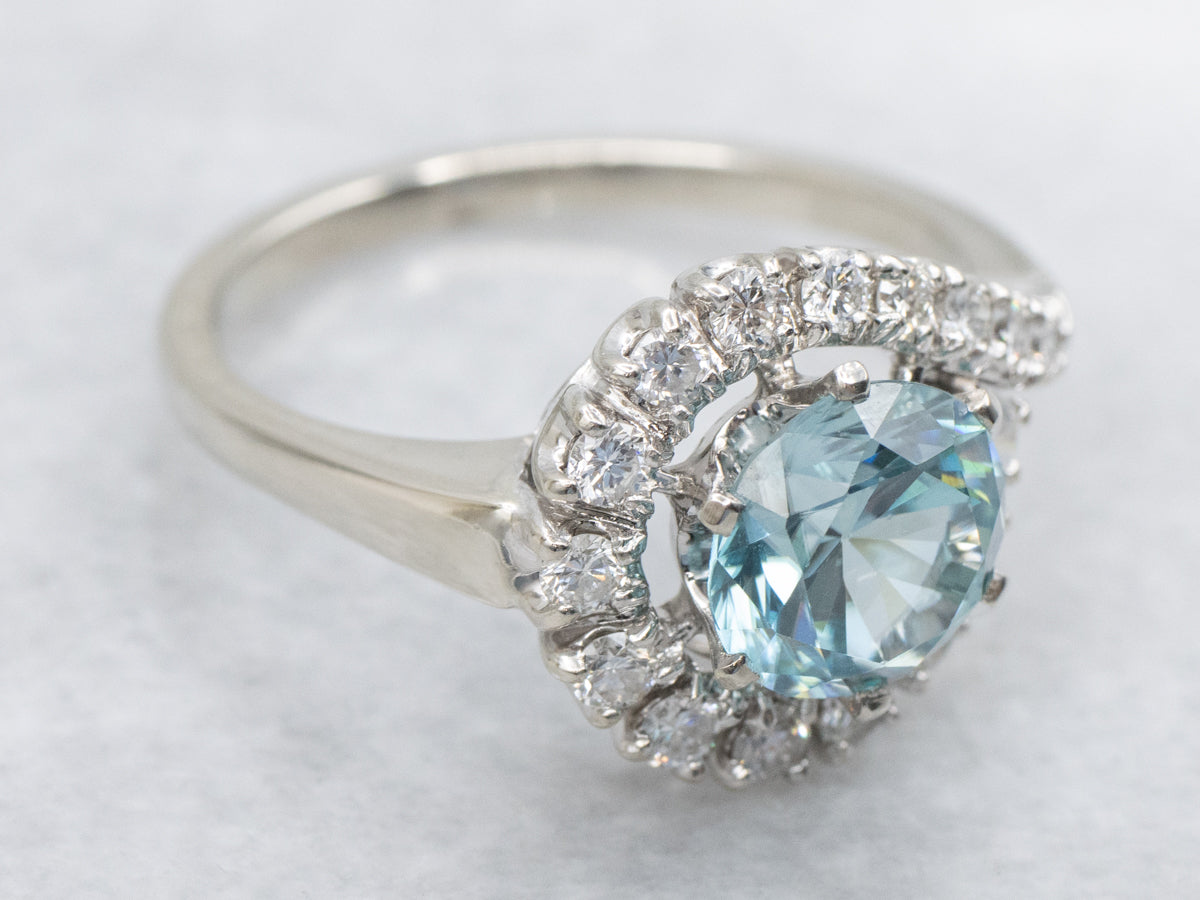 Blue Zircon and Diamond Bypass Ring