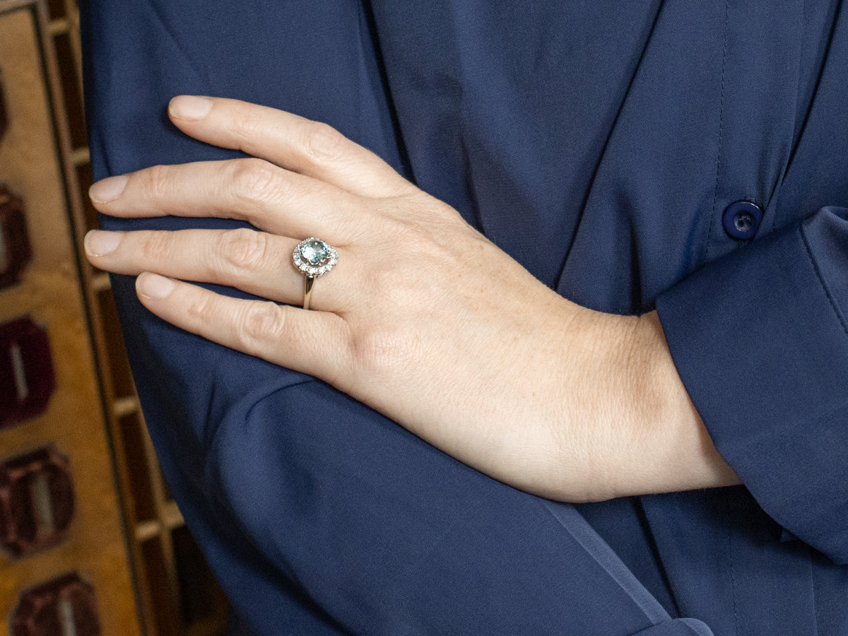 Blue Zircon and Diamond Bypass Ring