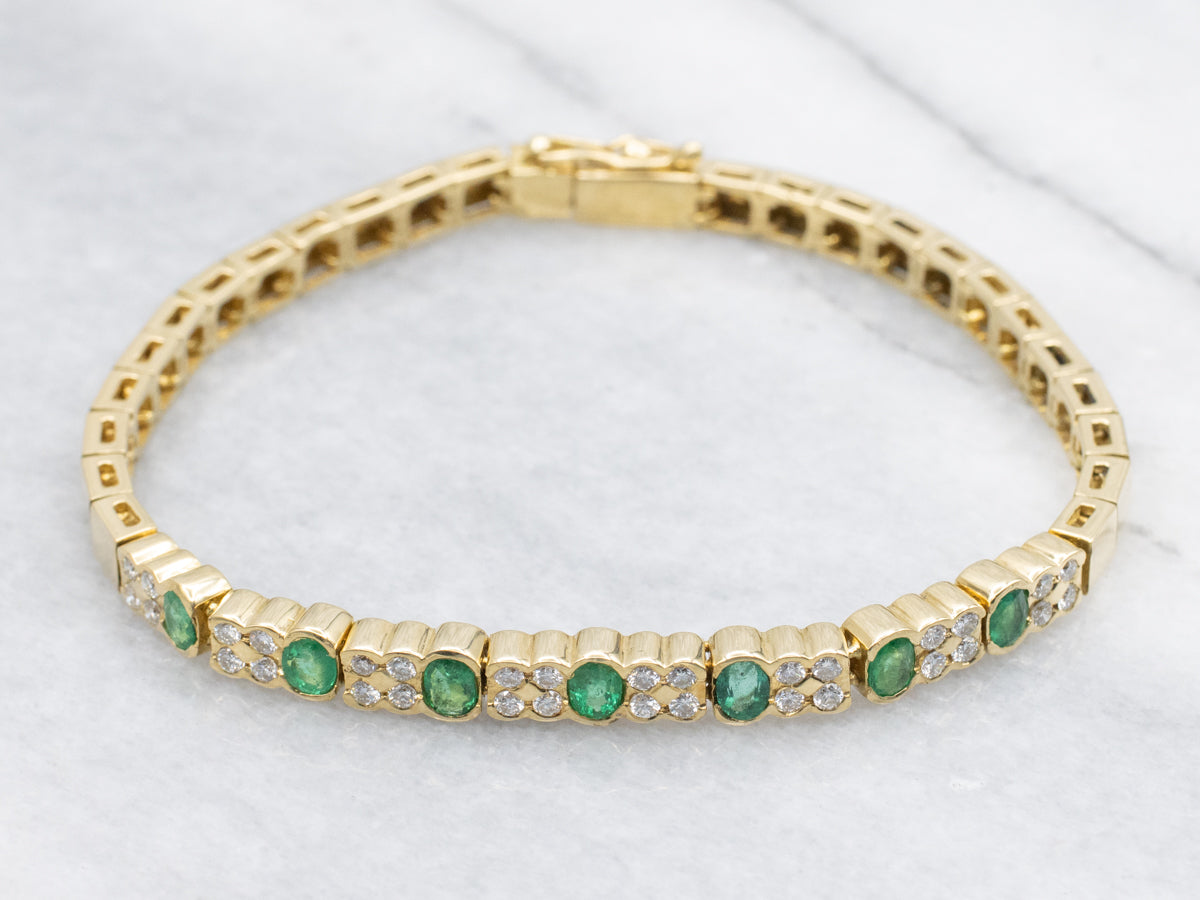 Bezel-Set Emerald and Diamond Modern Gold Bracelet