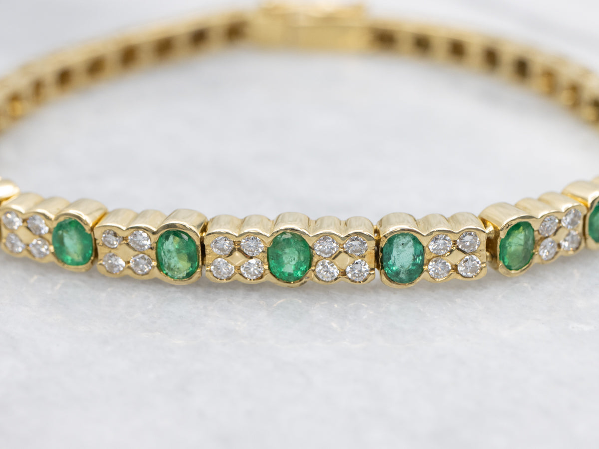 Bezel-Set Emerald and Diamond Modern Gold Bracelet