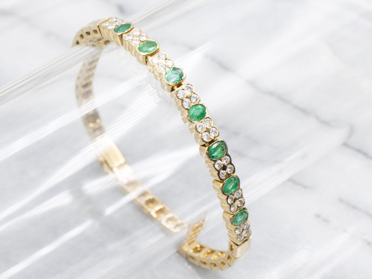 Bezel-Set Emerald and Diamond Modern Gold Bracelet