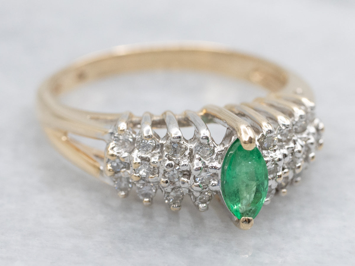 Modern Gold Emerald and Diamond Engagement Ring