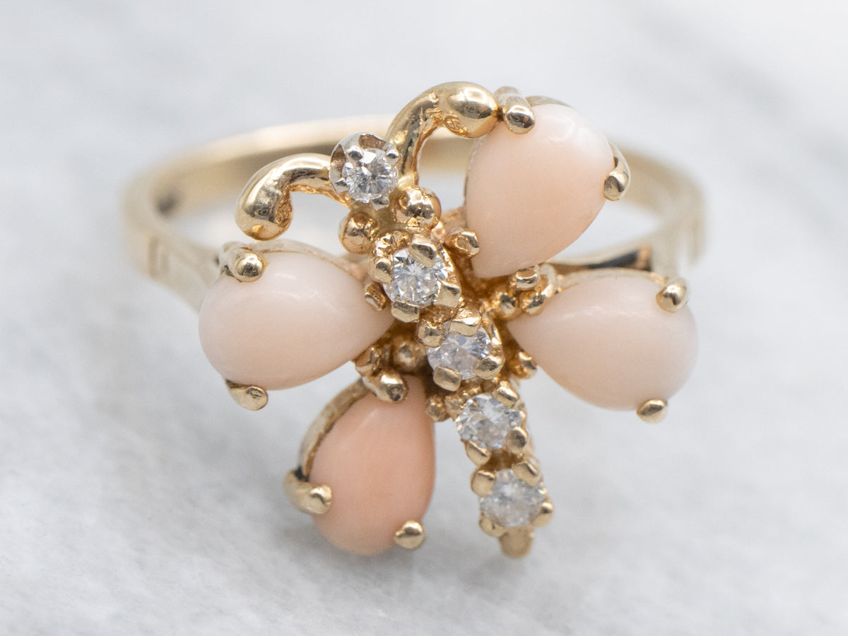 Sweet Pink Coral and Diamond Butterfly Ring