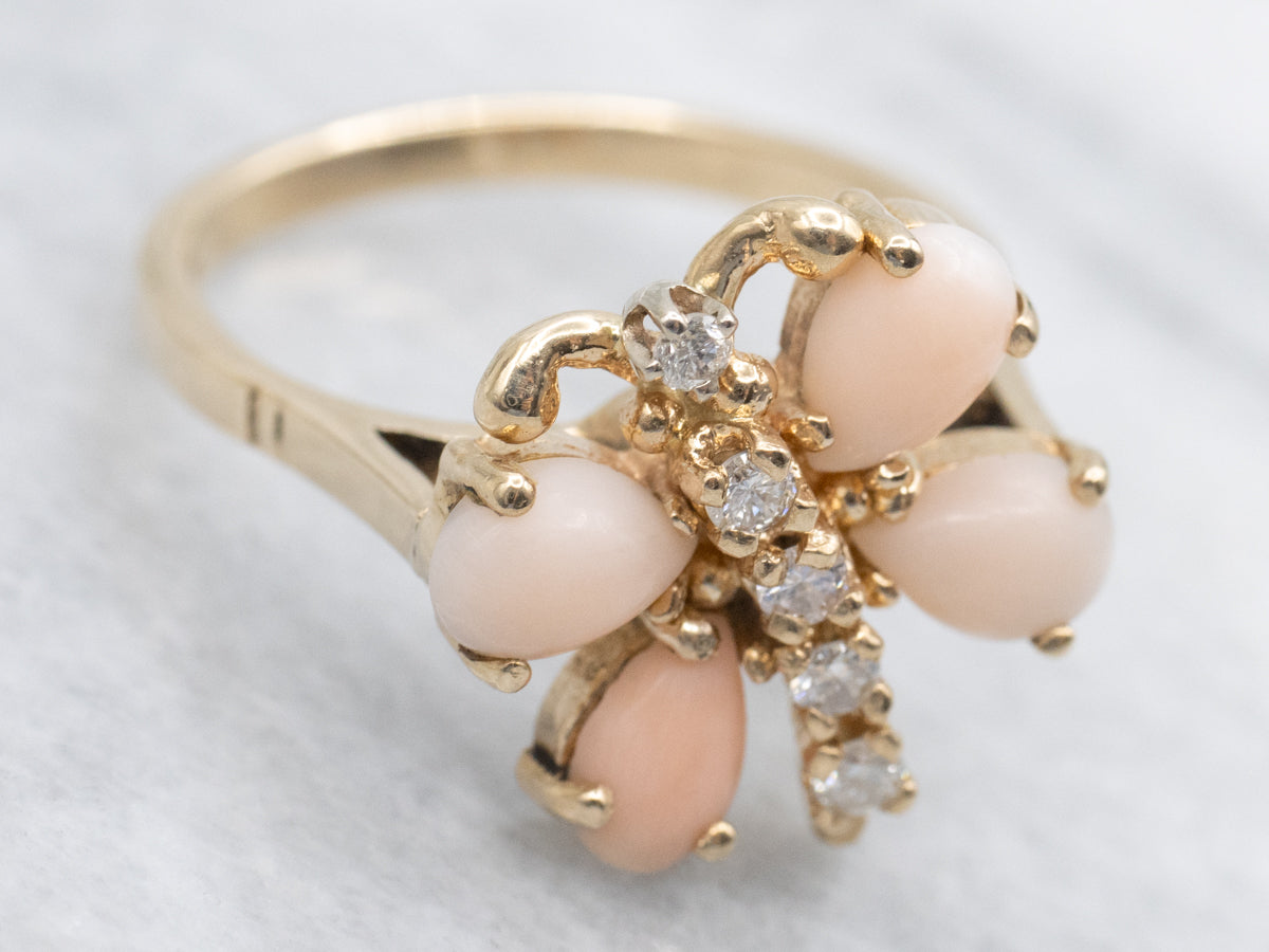Sweet Pink Coral and Diamond Butterfly Ring