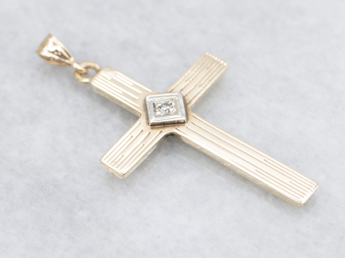 Retro Two Tone Cross Pendant with Diamond Center